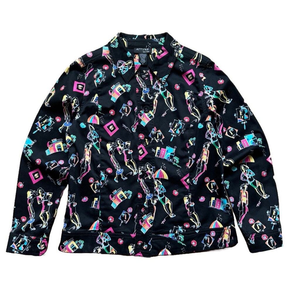 Vintage Attyre New York Button Up Shirt Jacket Retro Print Black Women's Size S